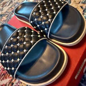 Valentino Navy and White Quilted Slide Sandals